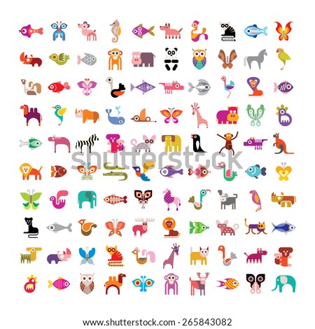 Animals, birds, fishes and butterflies large vector icon set. Various isolated colorful images on white background.