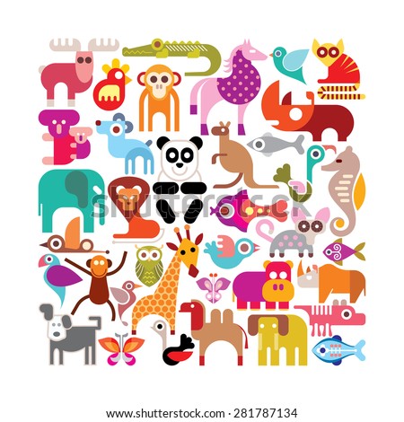 Animals, birds and fishes - square shape vector illustration. Various colorful icons on white background.