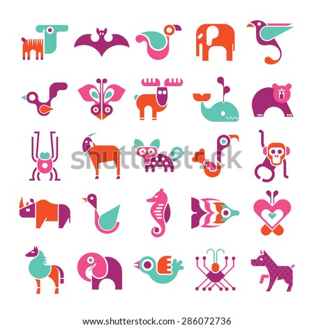Animals, birds and fishes - large vector icon set. Various isolated colorful clip arts on white background. Can be used as logo.