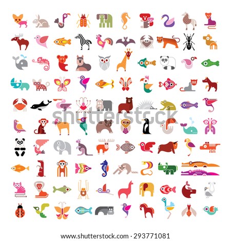 Animals, birds, fishes and insects large vector icon set. Various isolated colorful images on white background.
