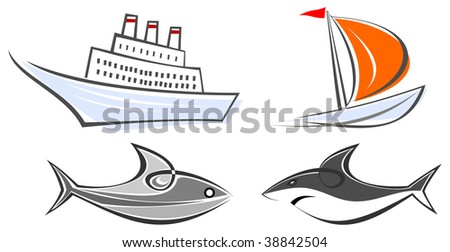 ocean liner, sailing boat, fish and shark. Color illustrations, design 