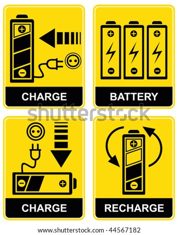 Set of vector icons - charging and recharging the accumulator battery. Yellow and black.