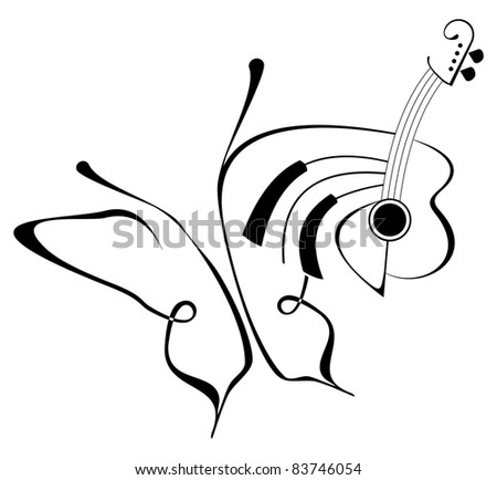stock photo Music butterfly tattoo Isolated vector icon on white 