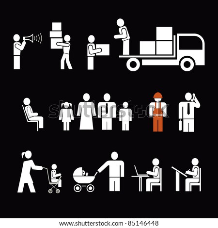 People of different professions. People at work - set of isolated vector icons. Pictograms, design elements. White simple pictograms on black background.