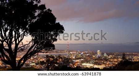 Auckland City skyline at sunset, hilltop view, new zealand