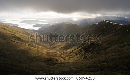 Mountain valley landscape, Fairfiled Horseshoe, Lake District, Cumbria, Great Britain