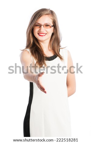 Happy smiling business woman landing hand to shake