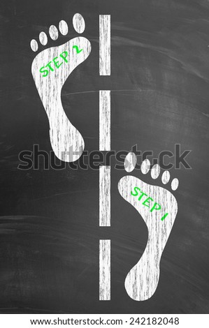Human foot prints walking on blackboard. Go further concept.