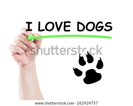 I love dogs concept made on transparent wipe board with a hand holding a marker