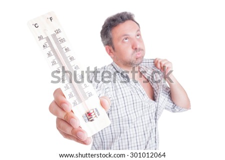 Sweaty man holding thermometer as summer heat concept isolated on white