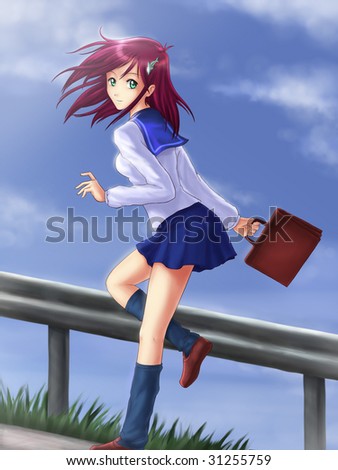 stock photo Young schoolgirl running upwards