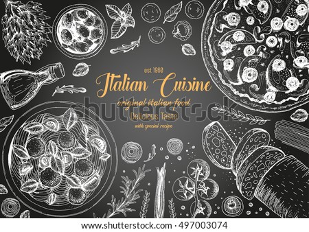 Italian cuisine top view frame. A set of classic Italian dishes. Food menu design template. Vintage hand drawn sketch vector illustration. Engraved image.