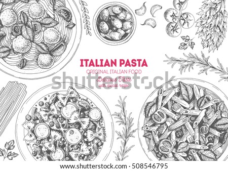 Italian pasta frame. Hand drawn vector illustration of an Italian pasta top view. Food design template. Farfalle, Penne and Spaghetti illustration. Classic italian cuisine.