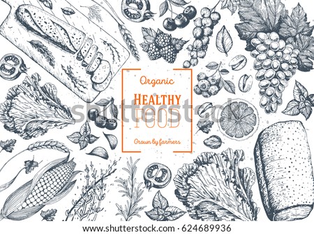 Healthy food frame vector illustration. Vegetables, fruits, bread, berries hand drawn. Organic food set. Vegetarian food collection