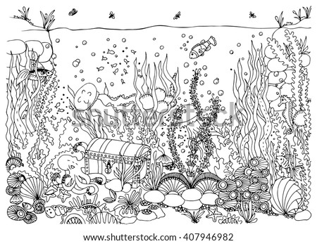 Vector illustration zentangle underwater world. Doodle sea, ocean, fairy story, a treasure chest adventure. Coloring book anti stress for adults. Black and white.