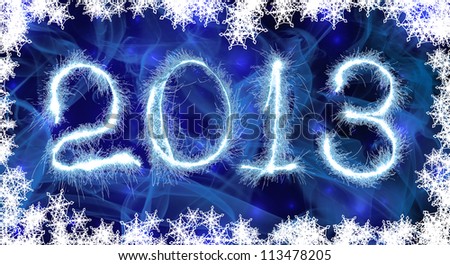 Date New Year 2013 of photo sparkle Bengal light on blue background with  snowflake collage of figure