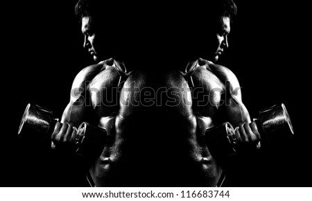 very power athletic guy ,  execute exercise with  dumbbells, on bkack background, black-and-white