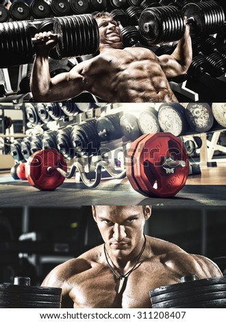 bodybuilding,  execute exercise press with weight, in gym, collage of photo