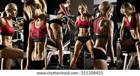 bodybuilding,  execute exercise press with weight, in gym, collage of photo