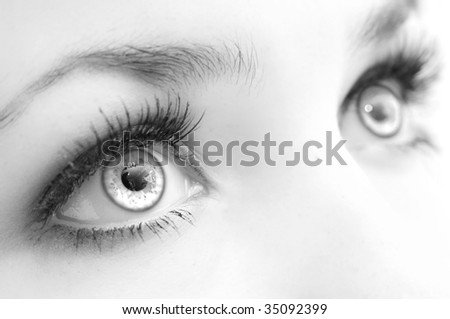 Beautiful Female Eyes, Very Close, Black-And-White. Expressive Sight