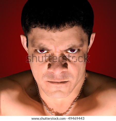 very angry man, face close up, red background gradient, horizontal image