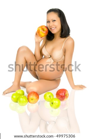 asian pregnant woman with very big stomach, hand hold aple, white background