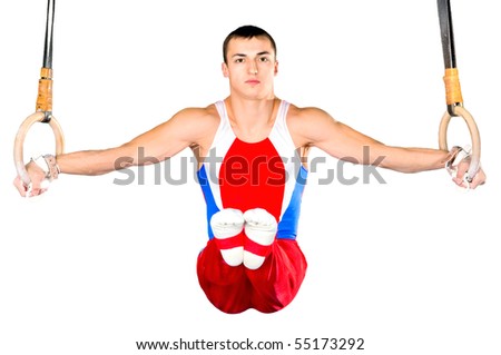 The sportsman the guy, carries out difficult exercise, sports gymnastics,on white background, isolated
