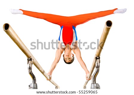 The sportsman the guy, carries out difficult exercise, sports gymnastics, on white background, isolated