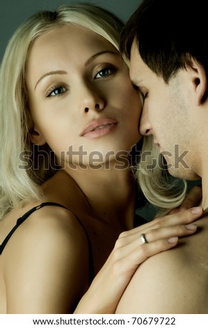 guy with pretty woman, happy couple, very close face, girl look on camera