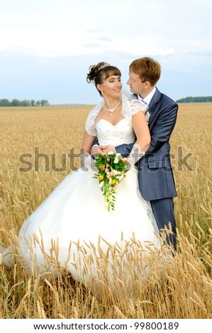 cutie happy married  couple  on nature, on wheat field,  embrace and smile