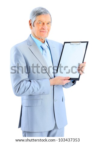 Nice businessman at the age, shows the plan of work. Isolated on a white background.