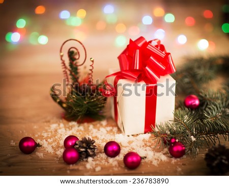 Christmas gift box with Christmas decorations and snow cones