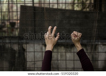 Hand holding on fence , Concept of imprisonment,Closeup of hand in jail,Handle steel mesh, Handle steel mesh cage lack of independence