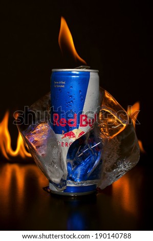Bedford, United Kingdom - April 23, 2014: Red Bull is an energy drink sold by the Austrian Red Bull GmbH. It was created in 1987 by the Austrian entrepreneur Dietrich Mateschitz