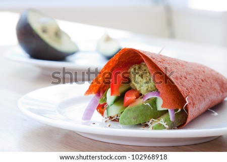 Healthy Vegan wrap stuffed with guacamole, tomatoes, sprouts, onions and avocados.