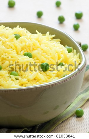 Saffron flavored vegetable rice made Indian style. Rice is the long grain basmati variety.