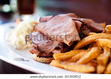 One half pound of steamed and shaved Montreal smoked meat piled high on fresh rye bread. Served with creamy coleslaw, fries and pickle.
