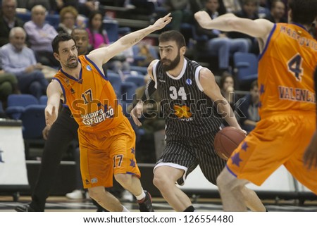 VALENCIA - JANUARY 29: Kostas Vasiliadis with ball during Bakestball match between Valencia Basket Club and Uxue Bilbao, on January 29, 2013, in La Fonteta Stadium, Valencia, Spain