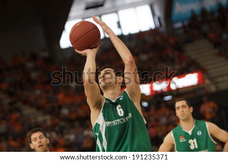VALENCIA - MAY, 1: Free throw of Nikos Zisis during a Eurocup Finals match between Valencia Basket Club and Unics Kazan at the Fonteta Stadium on May 1, 2014 in Valencia, Spain