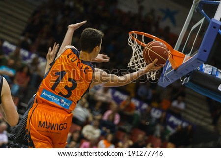 VALENCIA - MAY, 3: Lay-up of Lucic during a Spanish league match between Valencia Basket Club and Bilbao at the Fonteta Stadium on May 3, 2014 in Valencia, Spain