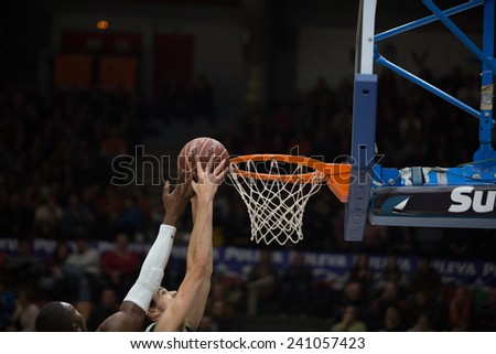 VALENCIA, SPAIN - DECEMBER 30: Various players during Spanish League match between Valencia Basket Club and Juventut at Fonteta Stadium on December 30, 2014 in Valencia, Spain