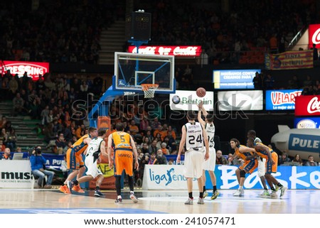 VALENCIA, SPAIN - DECEMBER 30: All players during Spanish League match between Valencia Basket Club and Juventut at Fonteta Stadium on December 30, 2014 in Valencia, Spain