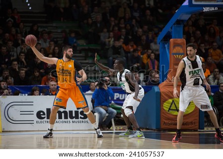 VALENCIA, SPAIN - DECEMBER 30: Dubljevic with ball during Spanish League match between Valencia Basket Club and Juventut at Fonteta Stadium on December 30, 2014 in Valencia, Spain