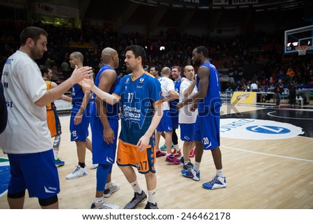 VALENCIA, SPAIN - JANUARY 21: All players during Eurocup match between Valencia Basket Club and CSU Asesoft at Fonteta Stadium on January 21, 2015 in Valencia, Spain