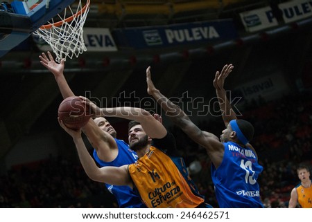 VALENCIA, SPAIN - JANUARY 21: Dubljevic with ball during Eurocup match between Valencia Basket Club and CSU Asesoft at Fonteta Stadium on January 21, 2015 in Valencia, Spain