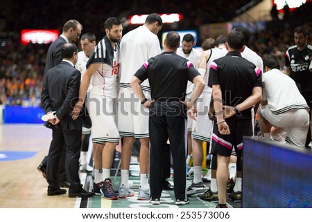 VALENCIA, SPAIN - FEBRUARY 15: Madrid Team during Spanish League match between Valencia Basket Club and Real Madrid at Fonteta Stadium on February 15, 2015 in Valencia, Spain