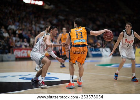 VALENCIA, SPAIN - FEBRUARY 15: Lucic with ball during Spanish League match between Valencia Basket Club and Real Madrid at Fonteta Stadium on February 15, 2015 in Valencia, Spain