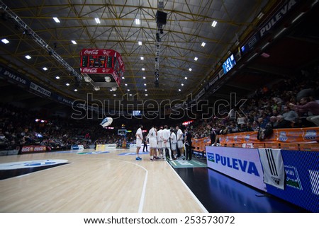 VALENCIA, SPAIN - FEBRUARY 15: Madrid team during Spanish League match between Valencia Basket Club and Real Madrid at Fonteta Stadium on February 15, 2015 in Valencia, Spain