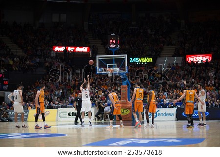 VALENCIA, SPAIN - FEBRUARY 15: All players during Spanish League match between Valencia Basket Club and Real Madrid at Fonteta Stadium on February 15, 2015 in Valencia, Spain