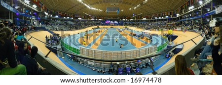 VALENCIA (SPAIN) - MARCH 2008 - 12 IAAF world indoor championship in valencia, spain 2008 - panoramic view of the track of velodromo Luis Puig